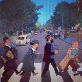 Tim und Struppi, Kapitän Haddock, Professor Bienlein und Nesor auf der Abbey Road